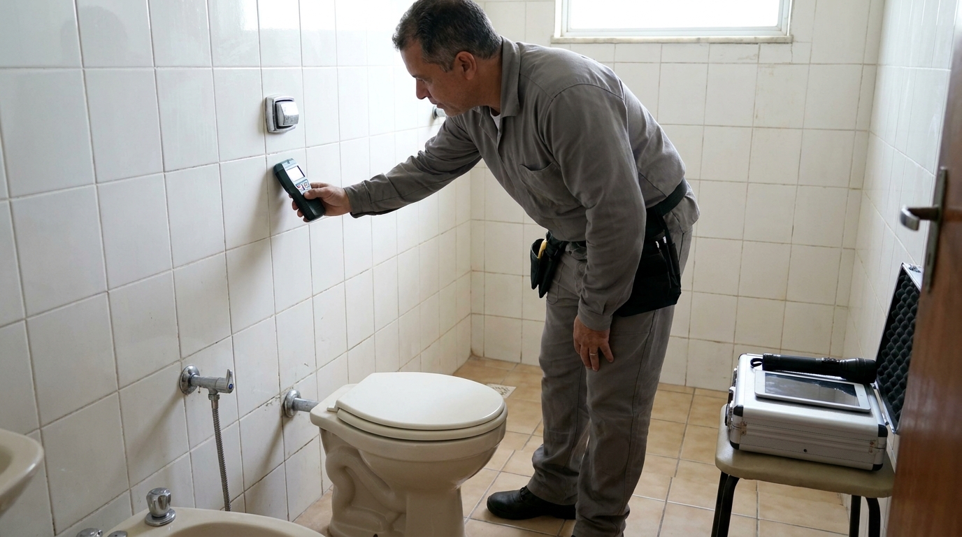 Técnico de caça vazamento analisando tubulação em Londrina‑PR