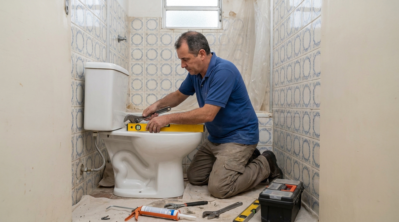Técnico instalando vaso sanitário em Londrina‑PR